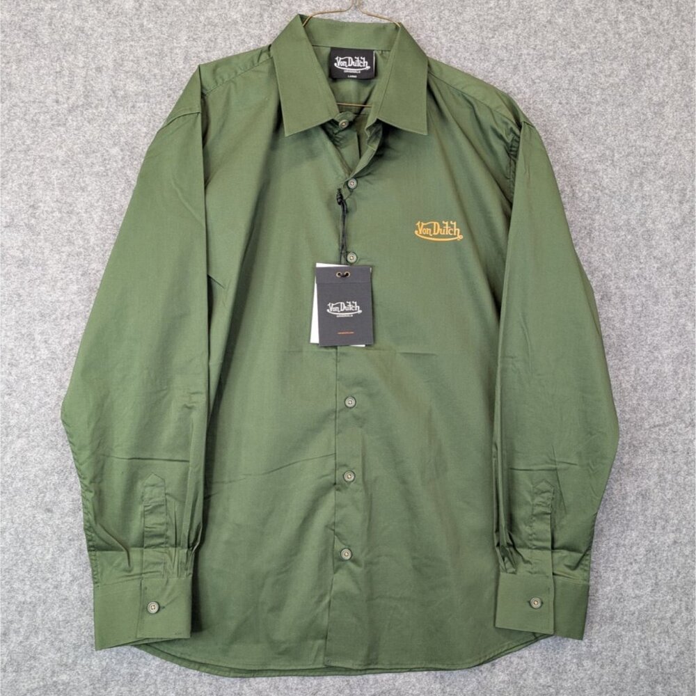Von Dutch Mens Olive Green Button Up Shirt Originals Logo Patch Casual L XL NWT